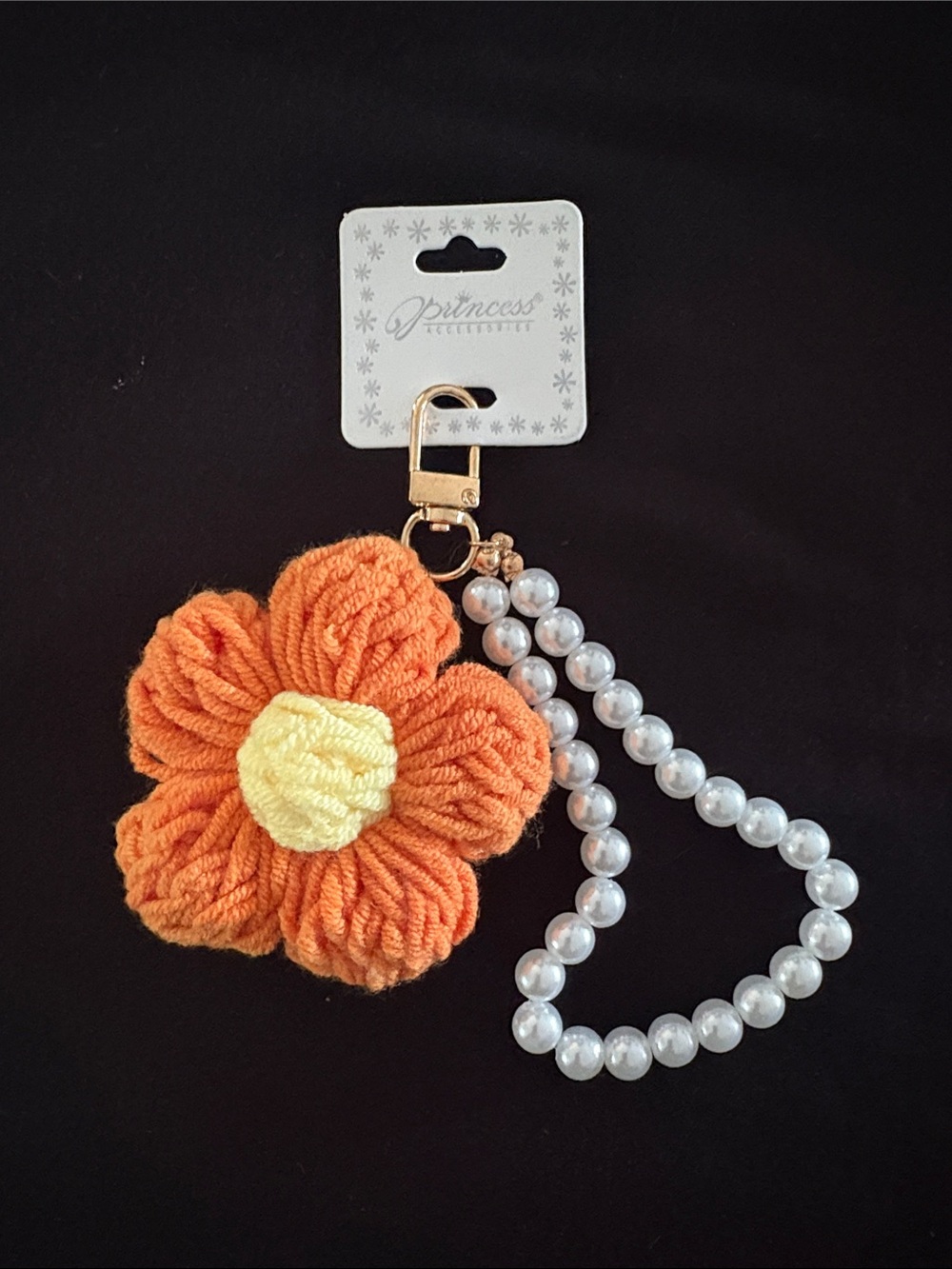 Orange Crochet Knit Flower Keychain Bag Charm with Pearl Wrist Strap
